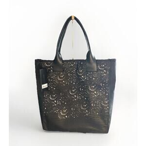 NWT BCBG Maxazria Hayden Black Leather Tote Bag Macy’s Perforated Laser Cut Outs